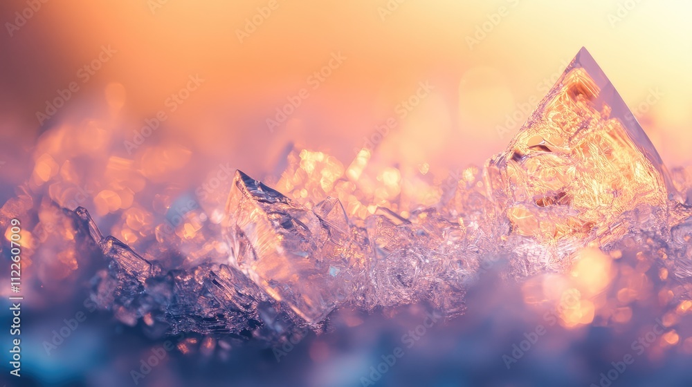 Poster close-up of ice with refracted light, forming an abstract blend of sharp lines and soft gradients in