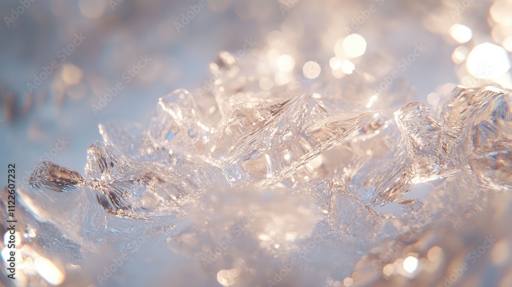 Poster close-up of ice with refracted light, forming an abstract blend of sharp lines and soft gradients in