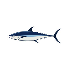 Flat illustration of a bluefin tuna with sleek blue body, minimalistic design, streamlined shape, clean background, modern aesthetic