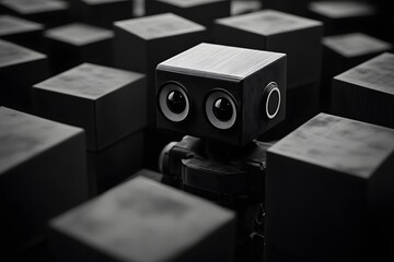 A black and white photograph depicts an AI robot surrounded by cubes, symbolizing the variety in different types or sizes of robots working together to complete tasks in their diverse environments