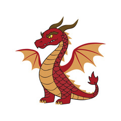 Dragon Flat Vector Illustration, Red and Gold Scales, Fierce Head, Large Wings, Stylized Design, Clean Lines, Minimalist Look, White Background