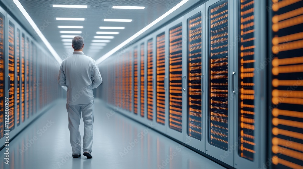 Poster a technician in a white coat walks through a high-tech data center, surrounded by rows of illuminate