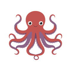 Flat vector illustration of a Giant Pacific octopus with eight smooth, stylized tentacles, red and purple tones, simple design, plain white background