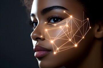 A close-up shot of a face and head, featuring an AI facial biometric technology interface with intricate lines glowing on the skin. The background is dark, highlighting the subject's features