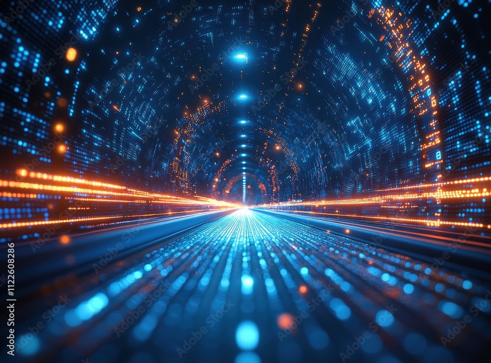 Poster abstract digital tunnel, glowing data stream, futuristic technology, binary code, fast speed, cyber 