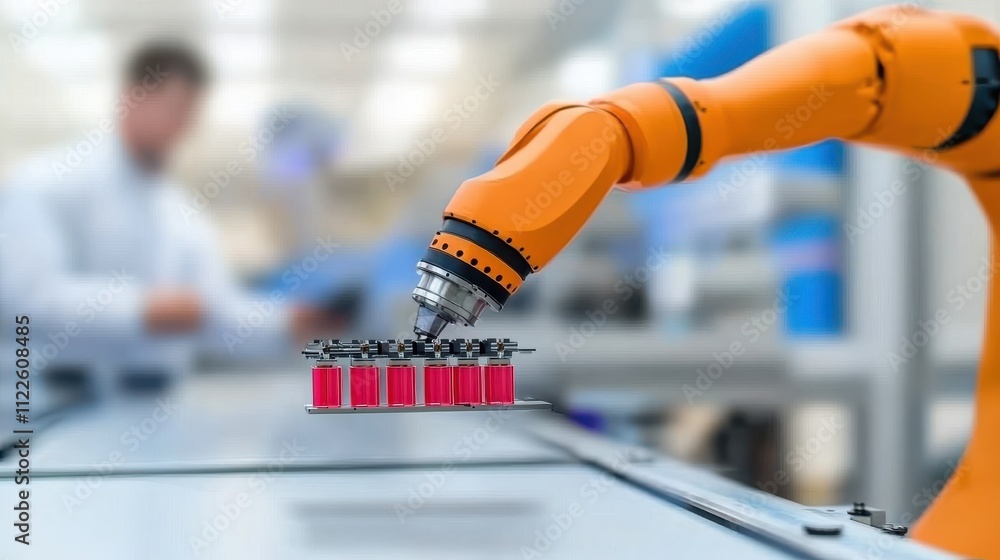 Aufkleber a robotic arm is positioned over a conveyor belt, preparing to handle objects as a technician works 