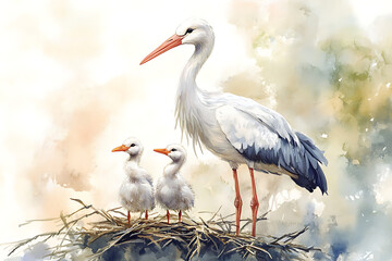 A stork stands beside two fluffy chicks in a nest, set against a soft, watercolor background.