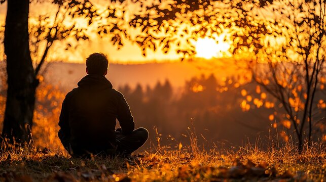 Man meditating at sunset in autumn.