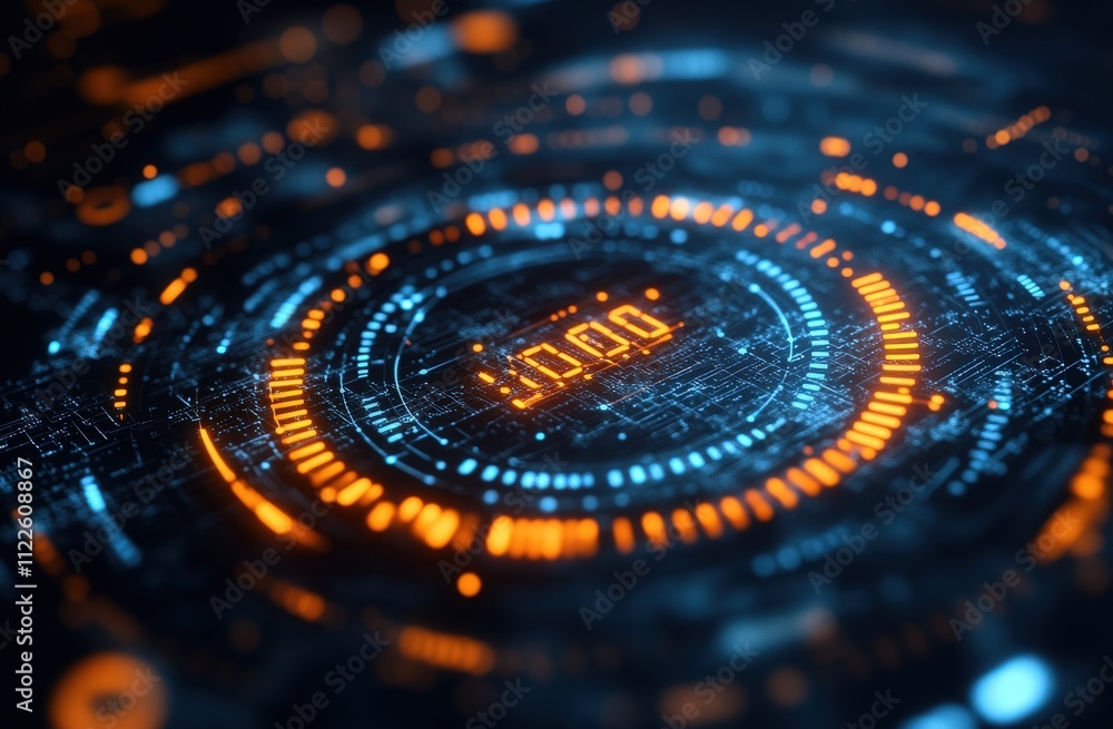 Poster futuristic digital interface with glowing orange and blue circuits, displaying a digital clock readi