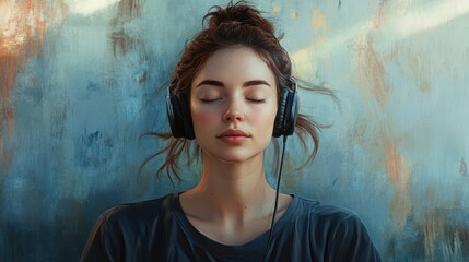 Fototapeta premium Woman Meditating and Listening to Music