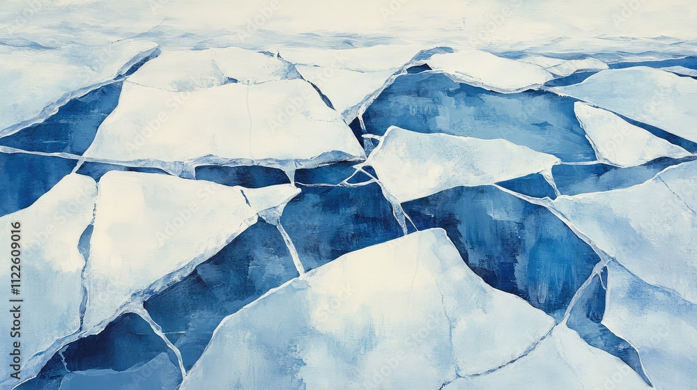 Poster dynamic composition of intersecting cracks on a frozen surface, with sharp edges and varying depths 