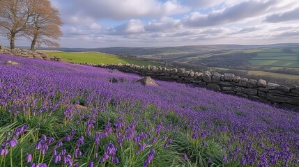 Fototapeta premium A vibrant field of bluebells under a cloudy sky, showcasing natural beauty and tranquility.