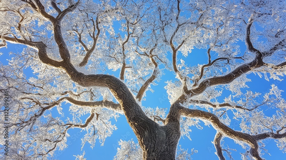 Poster frost and ice enveloping the branches of a tree, creating a crystalline pattern that sparkles under 