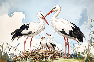Two adult storks and three chicks on a nest, set against a bright sky.