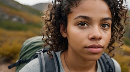 Close-up of a young biracial woman with curly hair and brown eyes on a hike. her expression is neutral, highlighting her natural beauty and subtle makeup.