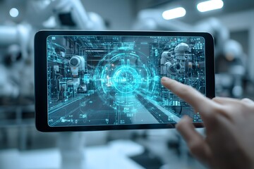 A person holding a tablet with the screen showing dynamic, animated icons representing different industrial tools and machinery in use on a modern production line