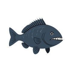 Flat illustration of a wolffish with dark blue-gray body, rugged shape, sharp teeth, minimalistic design, clean background