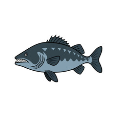 Flat illustration of a wolffish with dark blue-gray body, rugged shape, sharp teeth, minimalistic design, clean background