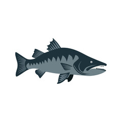 Flat illustration of a wolffish with dark blue-gray body, rugged shape, sharp teeth, minimalistic design, clean background
