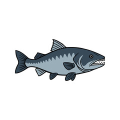 Flat illustration of a wolffish with dark blue-gray body, rugged shape, sharp teeth, minimalistic design, clean background