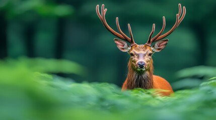 Fototapeta premium Majestic Red Deer Stag in Lush Green Forest