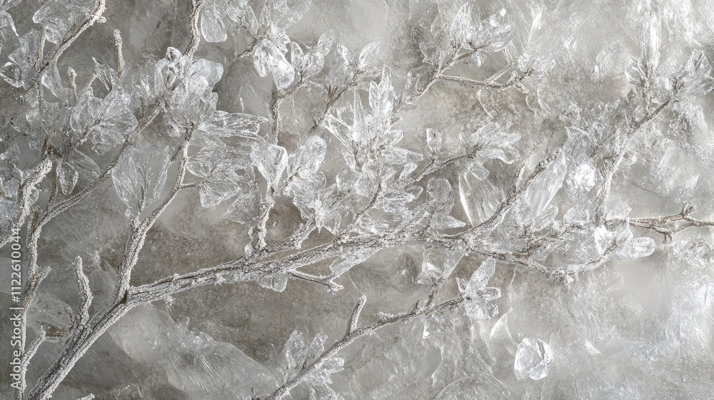 Poster frost and ice formations on a tree twigs, with fine crystal details creating a shimmering winter won