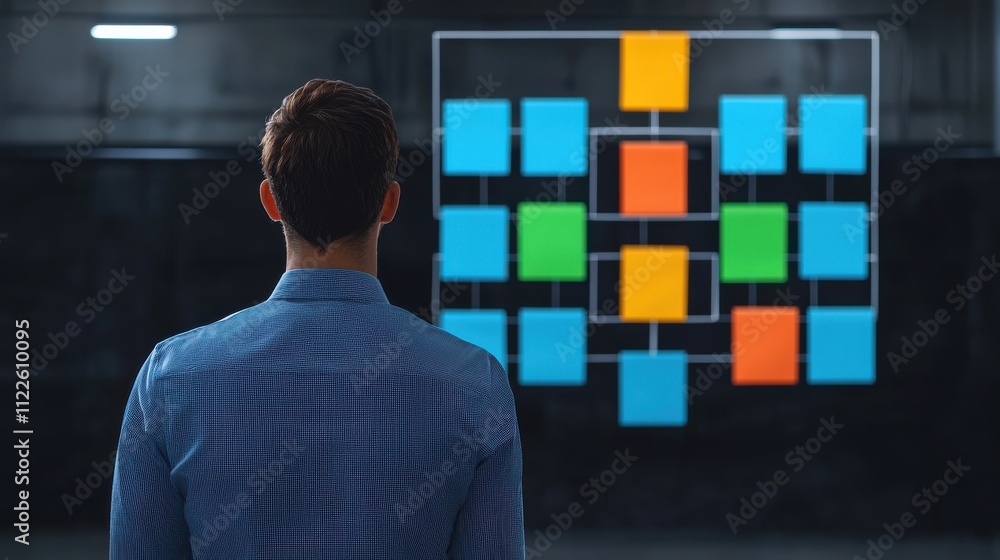 Poster a man observes a colorful flowchart on a wall, symbolizing data analysis, planning, or project manag