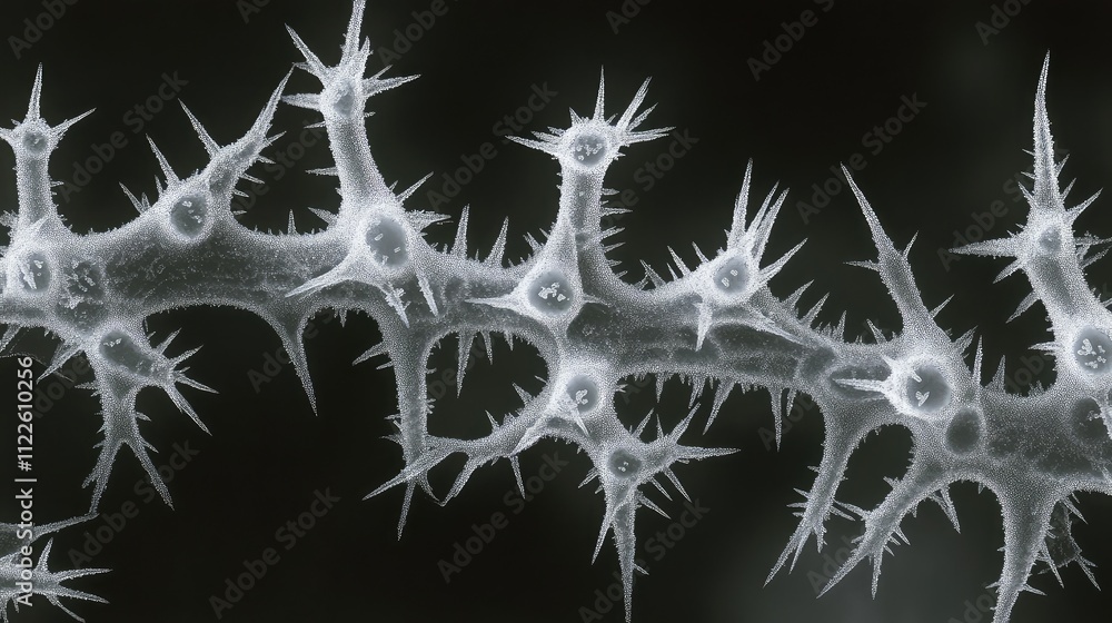Poster frost patterns observed under magnification, displaying sharp, branching shapes with fine, needle-li