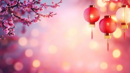 Fototapeta premium Floral Cherry Blossoms and Lantern Ornaments on Festive Red Canvas
