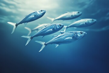 Fototapeta premium A group of fish swimming in perfect synchrony in the deep ocean