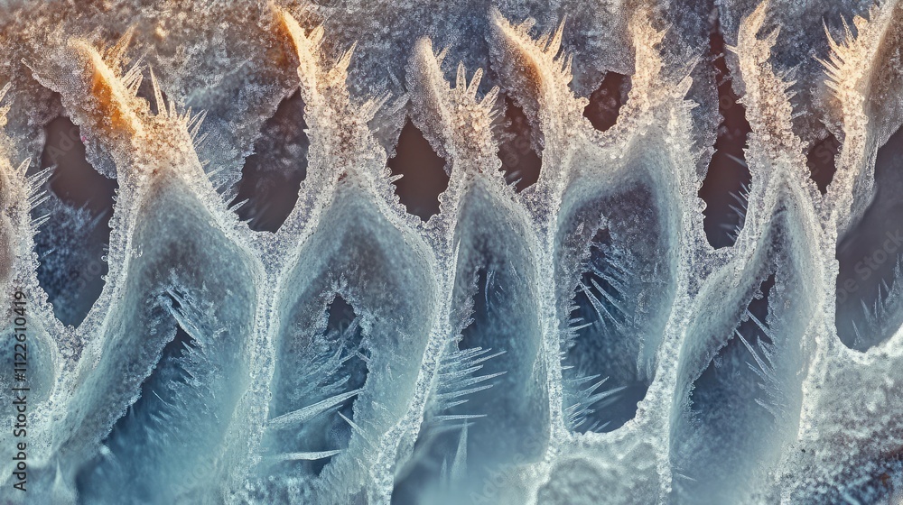 Poster frost patterns observed under magnification, displaying sharp, branching shapes with fine, needle-li