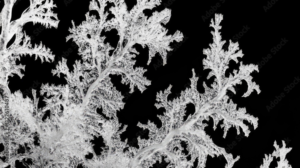 Poster frost patterns observed under magnification, displaying sharp, branching shapes with fine, needle-li
