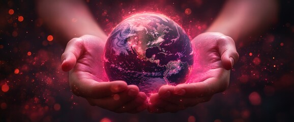 Fototapeta premium Hands gently cradling a glowing Earth, symbolizing global care and environmental responsibility. A dramatic, vibrant image perfect for environmental awareness campaigns.