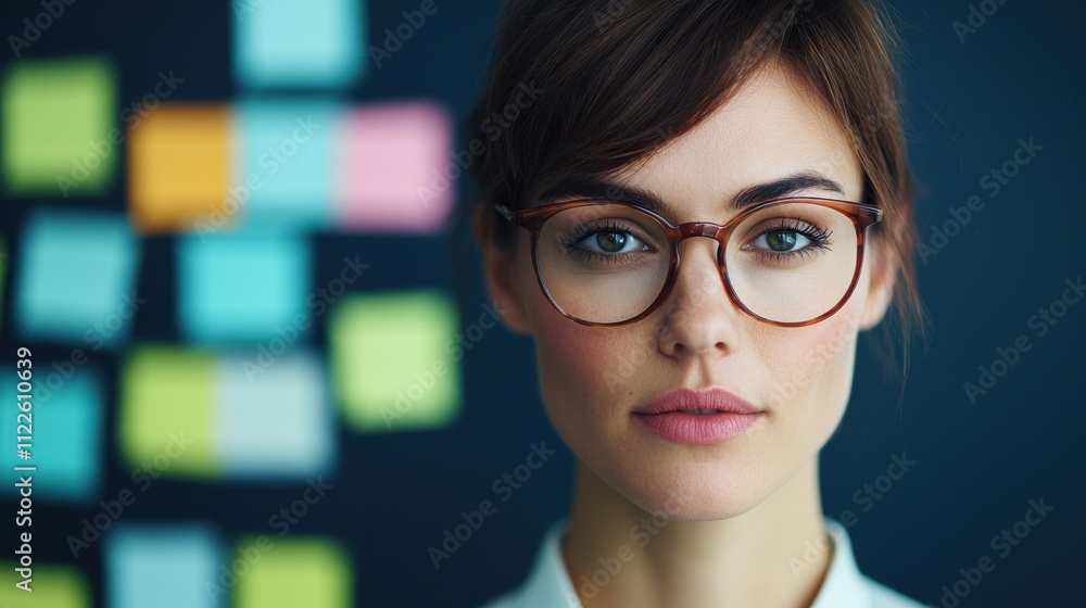 Poster a focused woman with glasses stands in front of a colorful array of sticky notes, embodying creativi