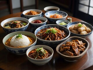 Fototapeta premium various kinds of typical South Korean food served on the table