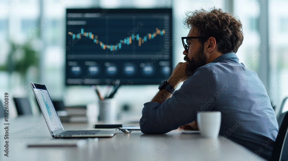 Aufkleber man analyzing financial charts on computer screen in modern office
