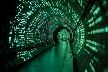 Fototapeta premium A tunnel filled with digital code, in the green color