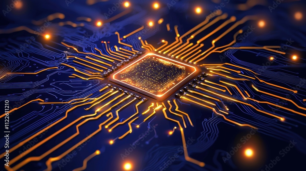 Aufkleber glowing microchip with orange circuits on a blue printed circuit board. technology and innovation co