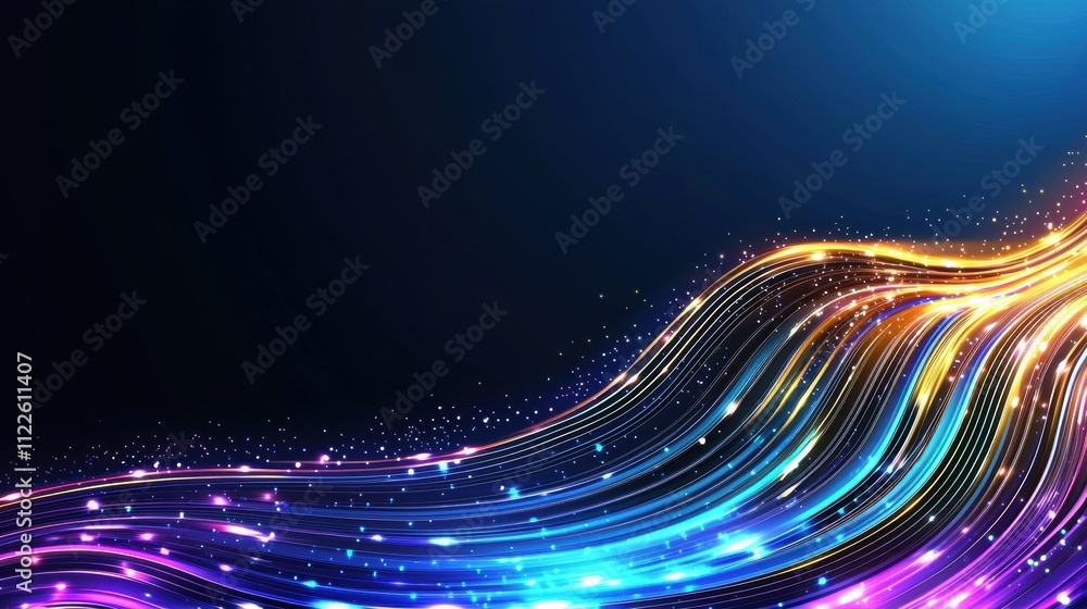 Poster colorful neon light trails on a dark background with glowing particles. abstract digital art with co