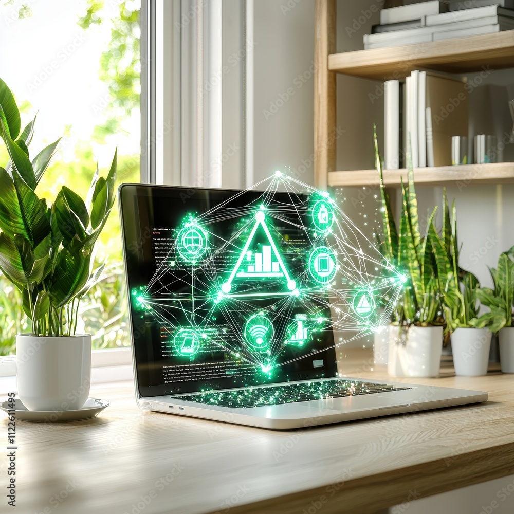 Poster modern laptop with holographic data network interface.