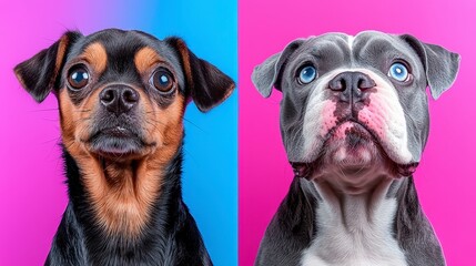 Obraz premium Adorable Chihuahua Mix and Bulldog Dogs Colorful Background Pet Portraits Studio Shot