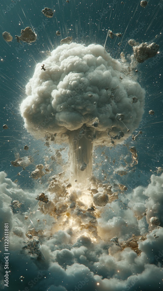Poster explosion of debris and clouds in a cinematic style. abstract depiction of a powerful blast in a sci