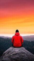 wilderness survival discovery concept. A person in a red jacket sits on a rock, gazing at a vibrant sunset over a forested landscape.