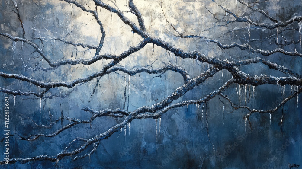 Poster ice-covered tree limbs forming abstract patterns, with translucent icicles and frosty textures illum