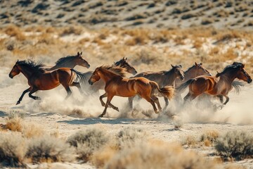 A herd of wild horses running together at full speed through a desert landscape