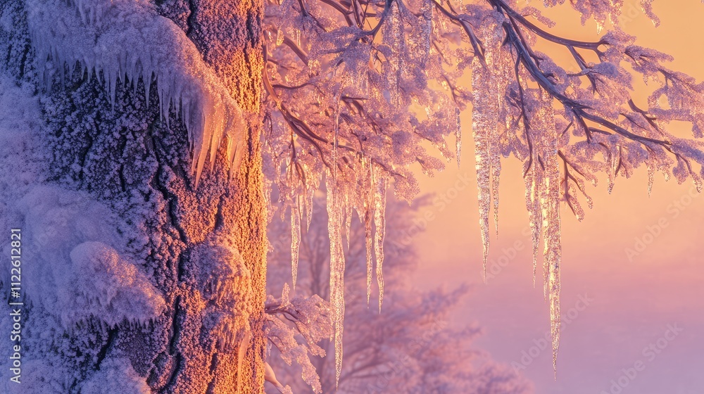 Aufkleber icicles and frost forming on a tree trunk and branches, with textured ice details catching the soft 