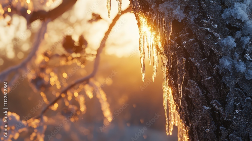 Poster icicles and frost forming on a tree trunk and branches, with textured ice details catching the soft 