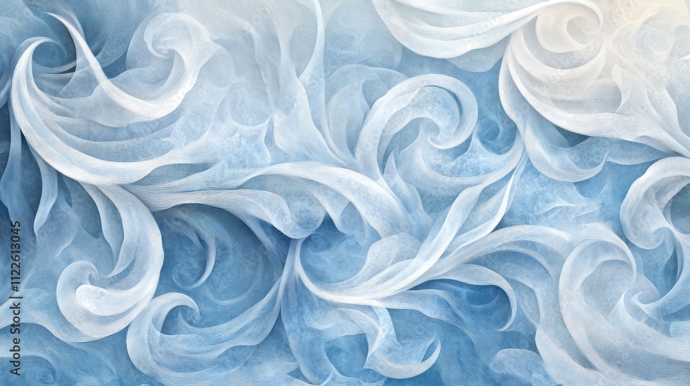 Poster intertwined frost patterns forming abstract shapes, with soft blue and white tones creating an intri