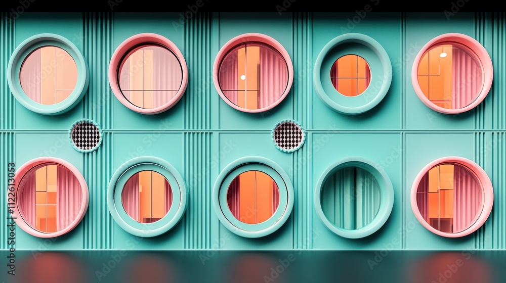 Poster modern building facade with circular windows in teal and pink color scheme. geometric design with re
