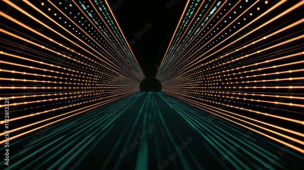 Poster tunnel with illuminated lines and dots in orange and green colors on a dark background.